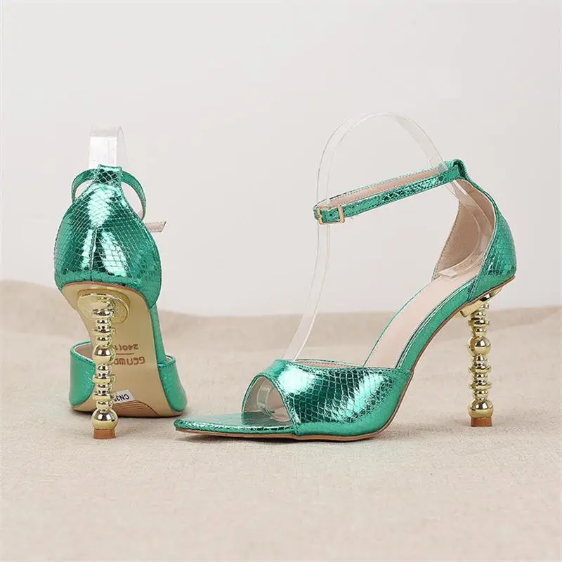 Gold Irregular Heel, Large Size, Green Snake Pattern, Pointed Side Air, Sexy Ultra-High And Slim Heel Sandals For Women