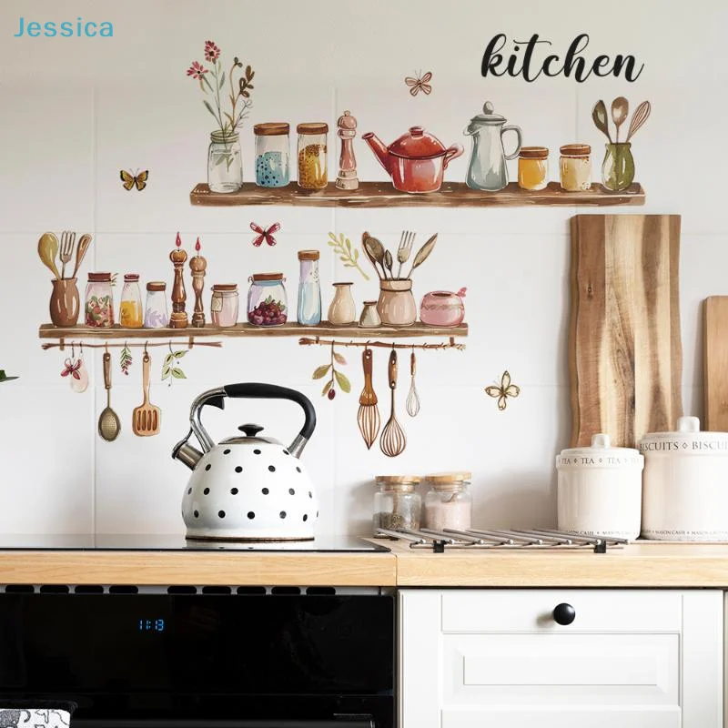 ♥Watercolor Kitchen Shelf Wall Stickers - Utensil & Jar Decor Decals, Removable Kitchen Wall Art