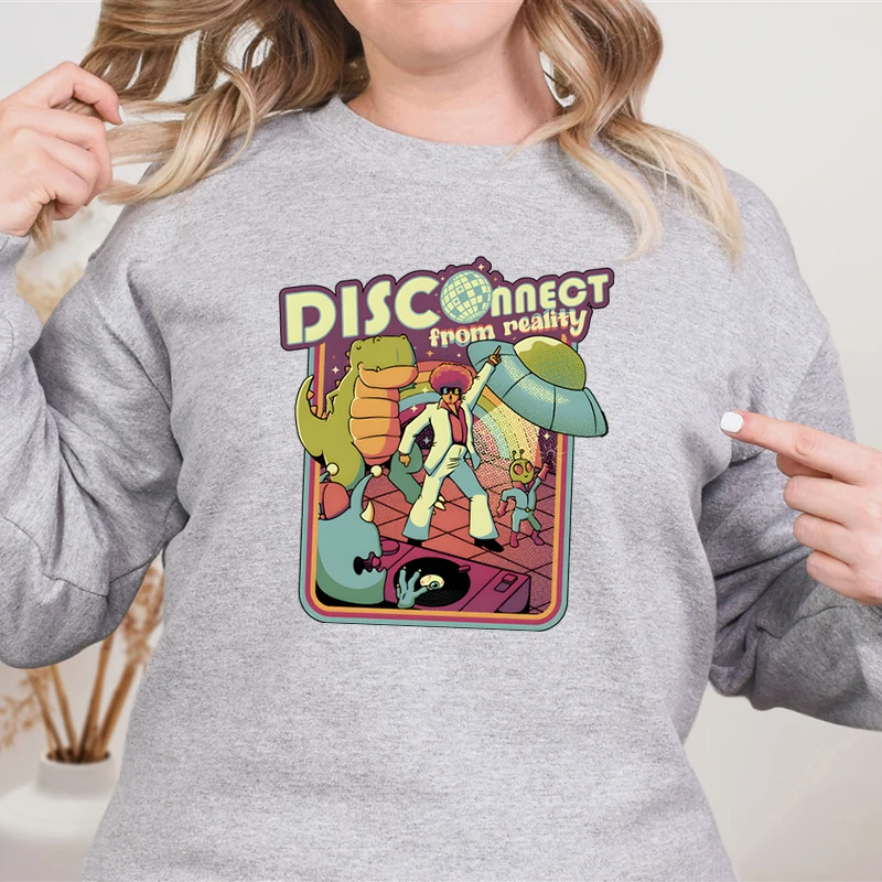 Funny Graphics UFO Dinosaur Alien Sweatshirts Women Casual Long Sleeve Tracksuit Crew Neck Cartoon Dinosaur Female Pullovers