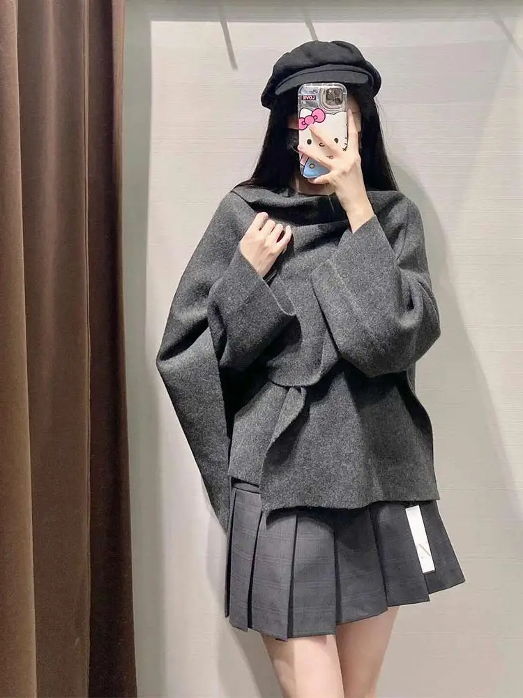 

Asymmetric Cloak Coat Women's Sweet Sle Knitted Wrap Ne Loose Fit ort Coat All Season Color Casual Faion