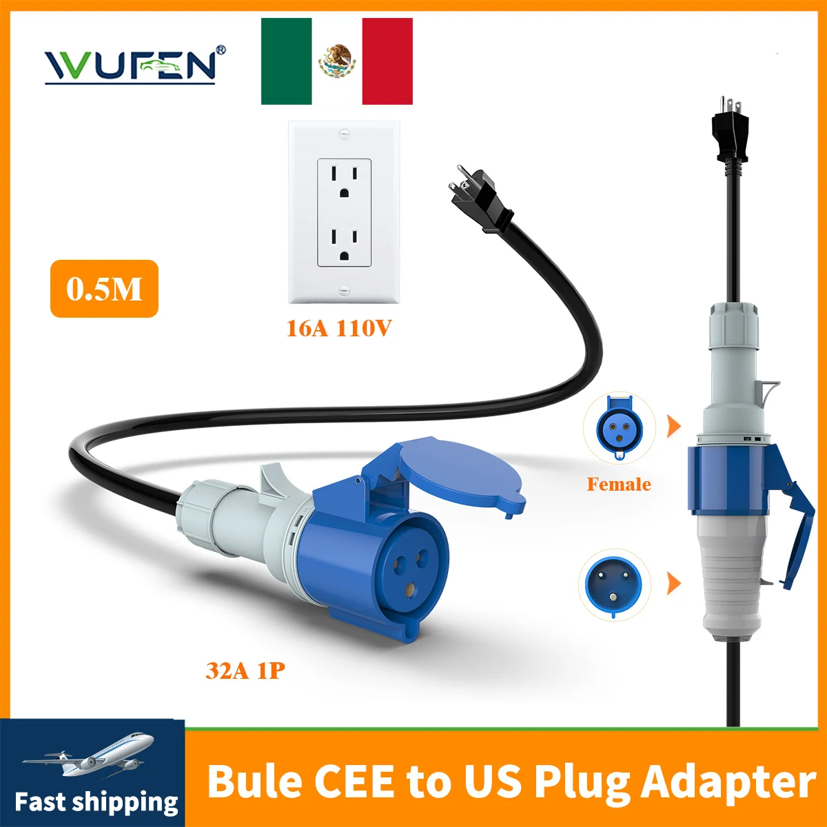

WUFEN EV Portable Charger US 5-15P Plug To CEE Blue Power Female Plug Socket Adapter Blue CEE Connector 7KW 32A to 3.5KW 16A