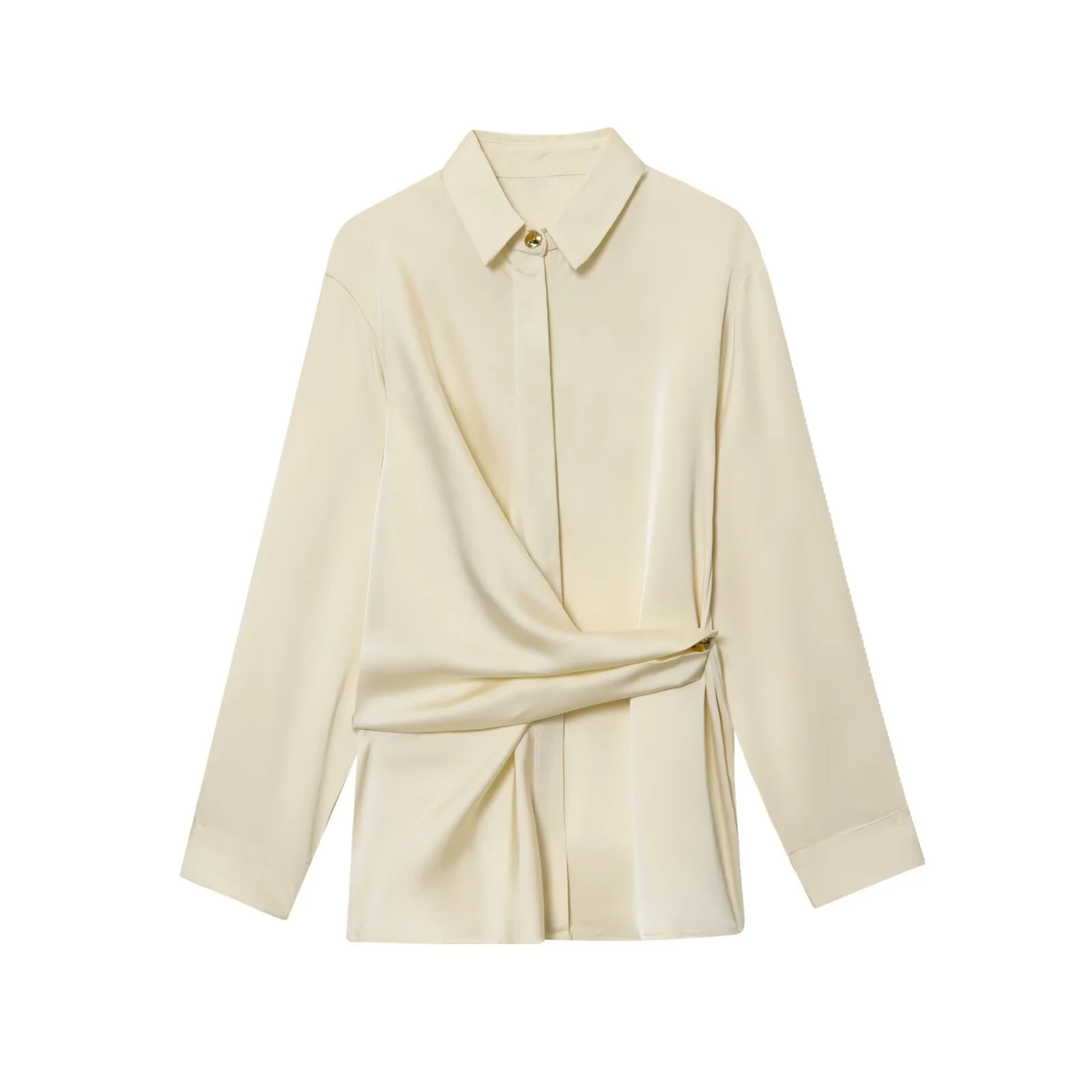 

2025 autumn new women's casual fashion temperament simple long sleeved lapel silk texture double breasted shirt top