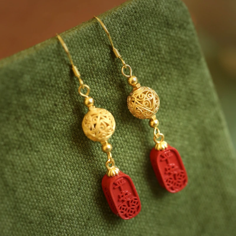

Chinese Style Hollow Copper Gold-plated Cinnabar Classical Women's Earrings with Personalized Retro Accessories