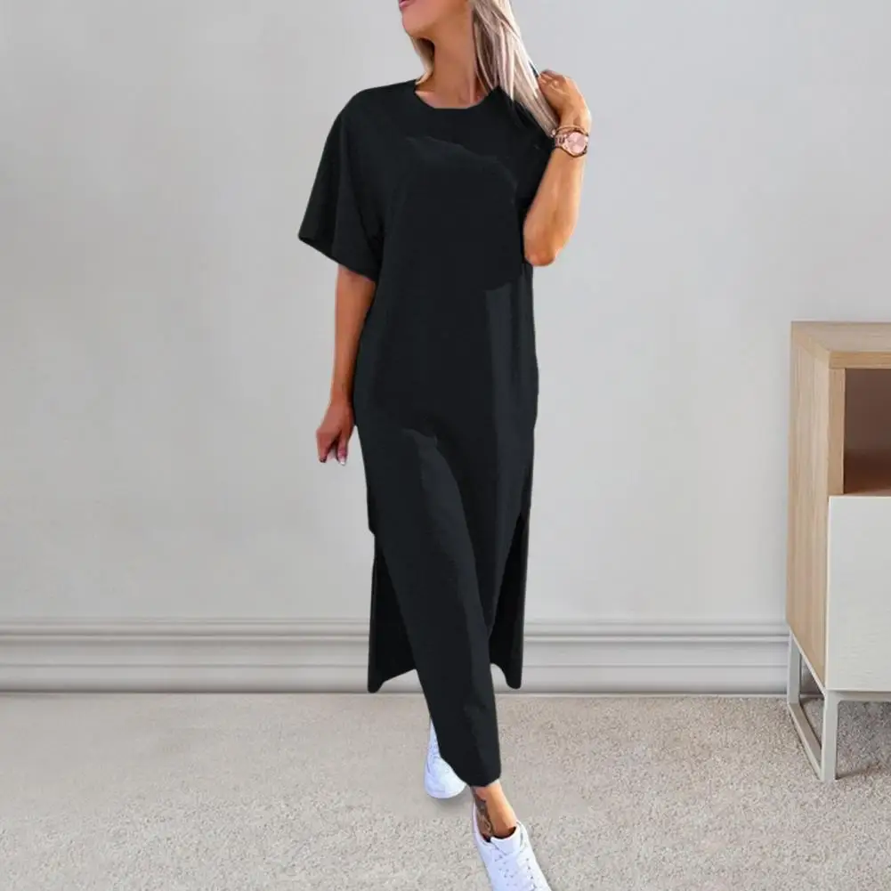 

Summer Women Dress Loose Fit O Neck Short Sleeves Side Slit Solid Color A-line Casual Commute Mid-calf Length Midi Dress