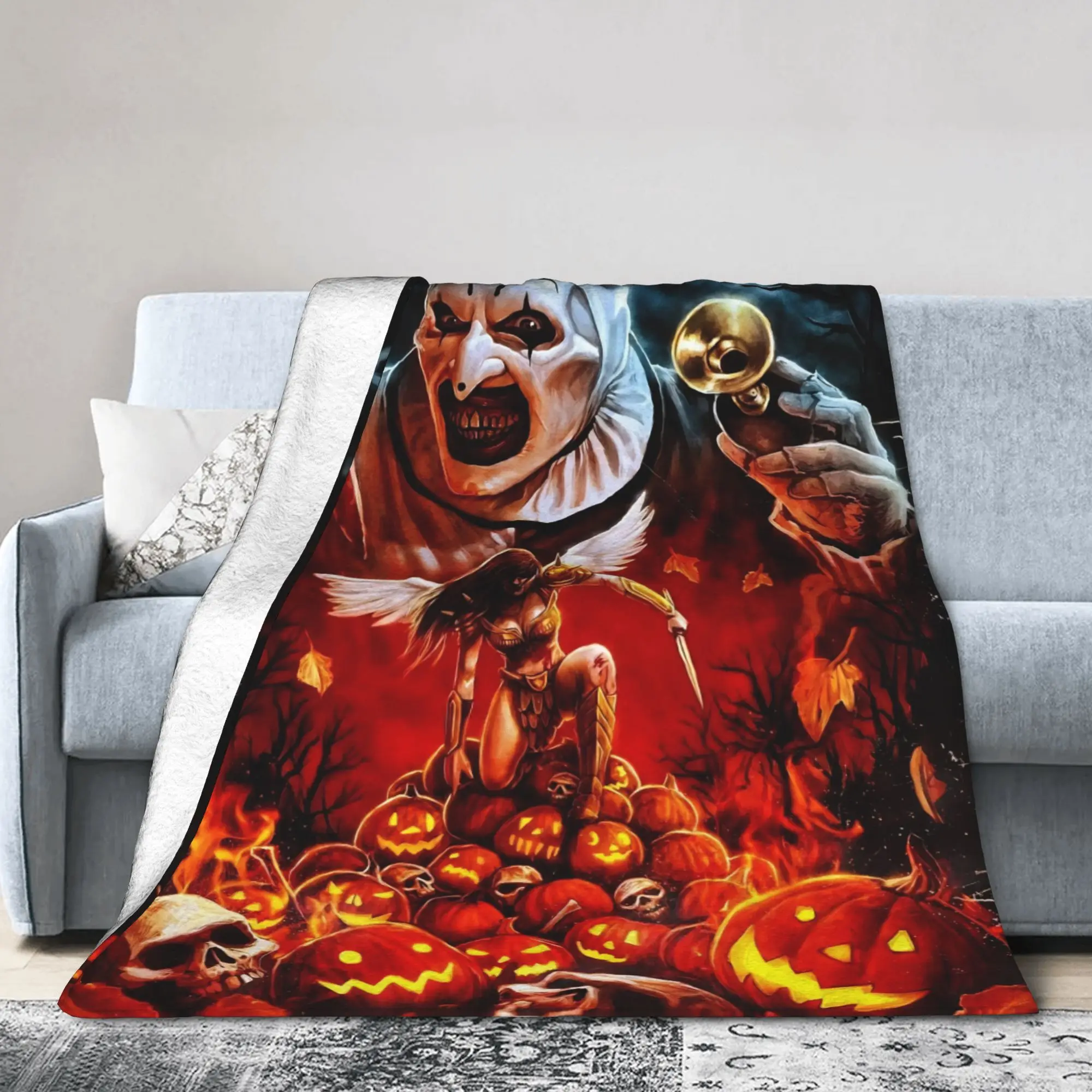 Terrifier Halloween Pumpkin Blankets Fleece Horror Movie Lightweight Throw Blanket for Bedroom Sofa Bedspread