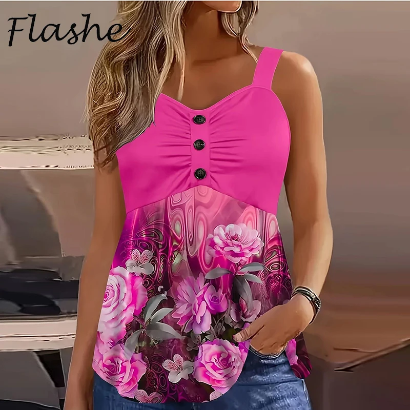 

Summer Vest Women Tank Tops Female Sleeveless T-Shirts Button Tops Female Elegant Flower Printed T Shirt