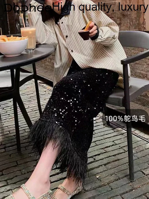 Ostrich Fashion Sequined Feather Mid-Length Black Skirt Women 2023 Autumn Winter New Design High Waist Straight Long Hip Skirts