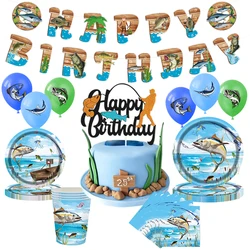 Fishing Party Decor Happy Birthday Banners Cake Topper Latex Balloons Disposable Tableware Paper Plates Cups Napkin