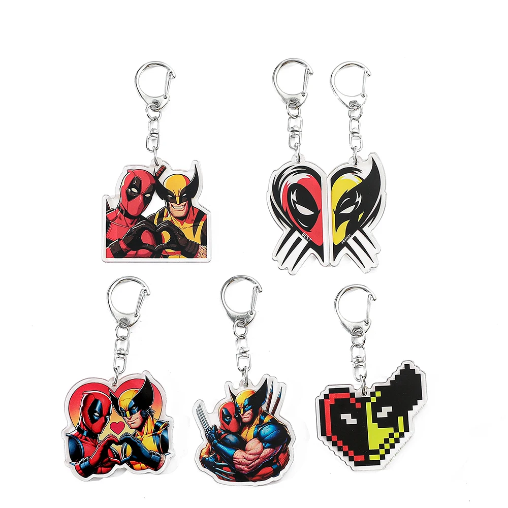 Mavel Deadpool & Wolverine Best Friends Keychain Acrylic Set Split Heart Matching Pendant Keyrings for Men Cosplay Jewelry Gifs