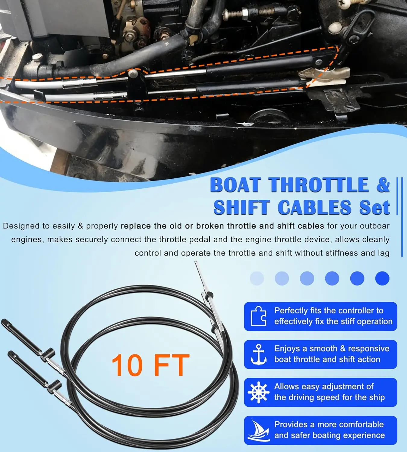 TM 10FT Boat Throttle and Shift Cables for Gen1 600A Series Controller, Fit for Mercury MerCruiser Marine Force Outboard Engines