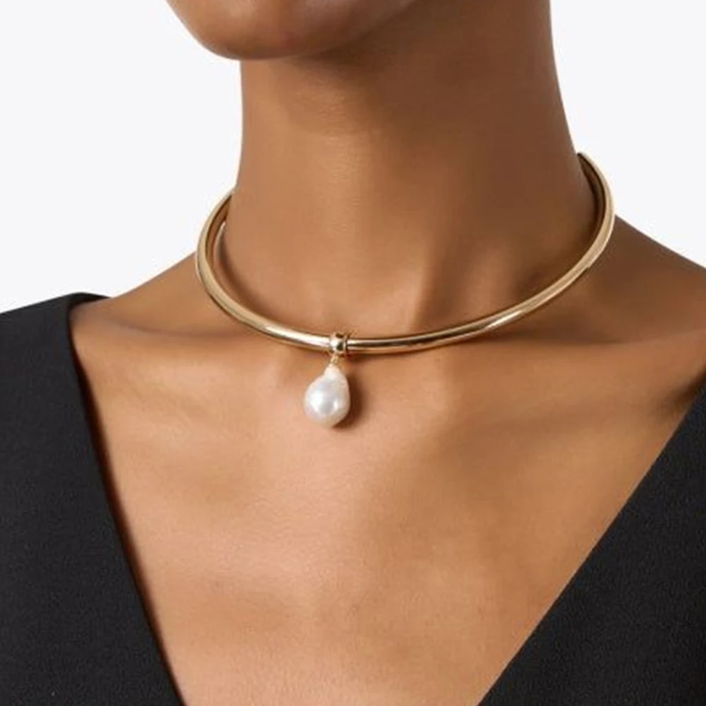 Imitation Pendant Pearl Torque Choker Wedding for Women Gifts Elegant Jewelry Minimalist Metal Choker Necklace Bridal Jewelry