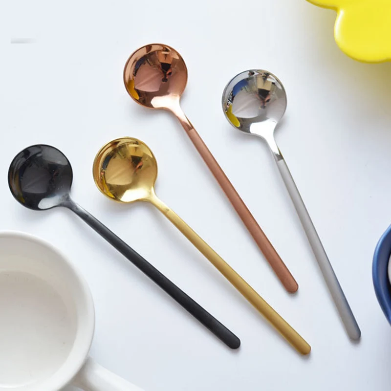 Korean Spoon Stainless Steel Round Coffee Spoon Exquisite Long Handle Tableware Ice Cream Dessert Bibimbap Spoon For Kitchen