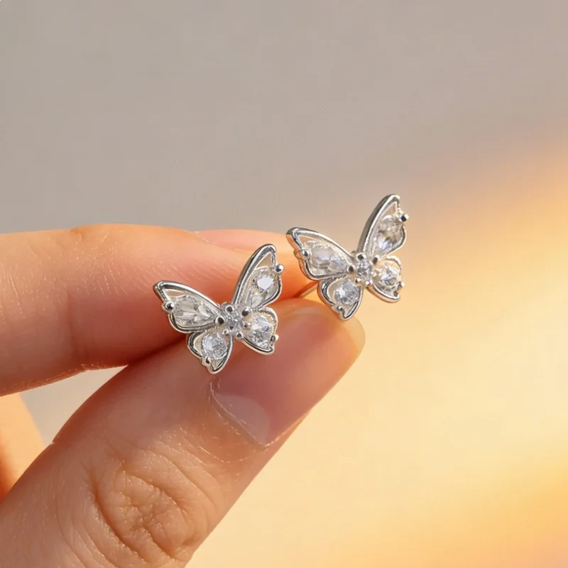 Hollow Zirconia Butterfly Summer Forest Style 925 Sterling Silver Jewelry Versatile Sweet Stud Earrings 3963