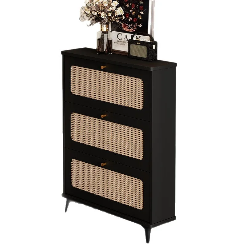 

Retro rattan shoe cabinet, living room storage, household ultra-thin tipping bucket, entrance cabinet against the wall