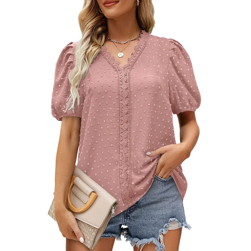 Frauen Kleidung Spitze Patchwork solide elegante Bluse Sommer Mode V-Ausschnitt Kurzarm lose Hemd weibliche lässige schicke Tops Blusas