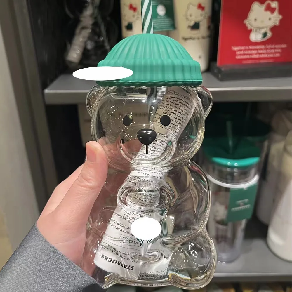 2026 زجاجة جديدة من الزجاج الشفاف على شكل دب - غطاء أخضر وكوب بقشة كوب مشروبات على شكل حيوانات لطيف، هدية للعطلات، هدية عيد الميلاد #2