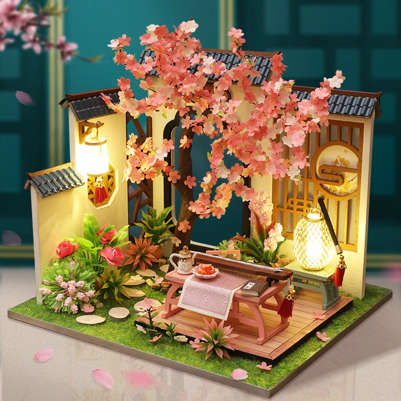 DIY Wooden Doll Houses Kit Miniature Casa With Furniture Cherry Blossom Dollhouse Model Villa Toys for Adults Birthday Gifts