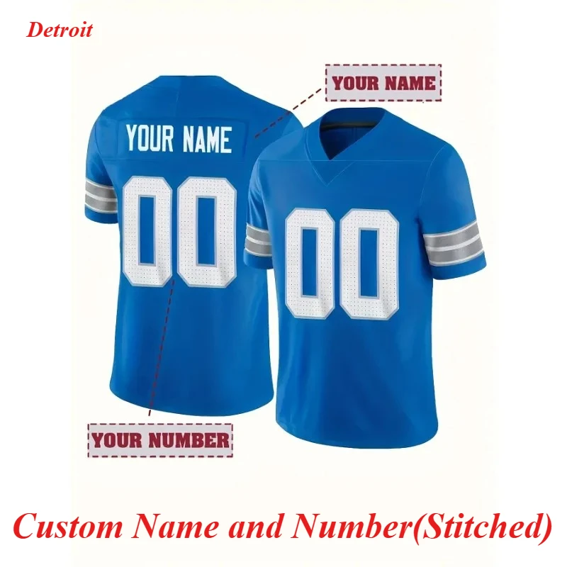 Custom Men's V-Neck Detroit Rugby Jersey - Personalized Name & Number, Breathable Short Sleeve Sports Shirt for Team Training