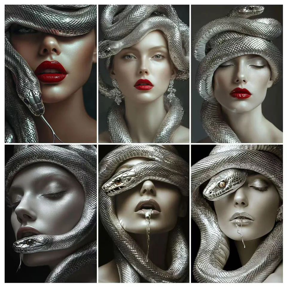 

New Silver snake on her face Diamond Painting Art DIY Animal 5D Woman Rhinestone Cross Stitch Mosaic Home Wall Decoration Gift