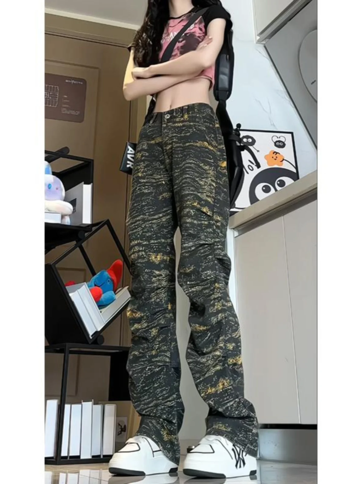 

Мужские джинсы прямого кроя с высокой талией и складками, в стиле кэжуал, камуфляжные, модная уличная одежда, в стиле американского стритвира