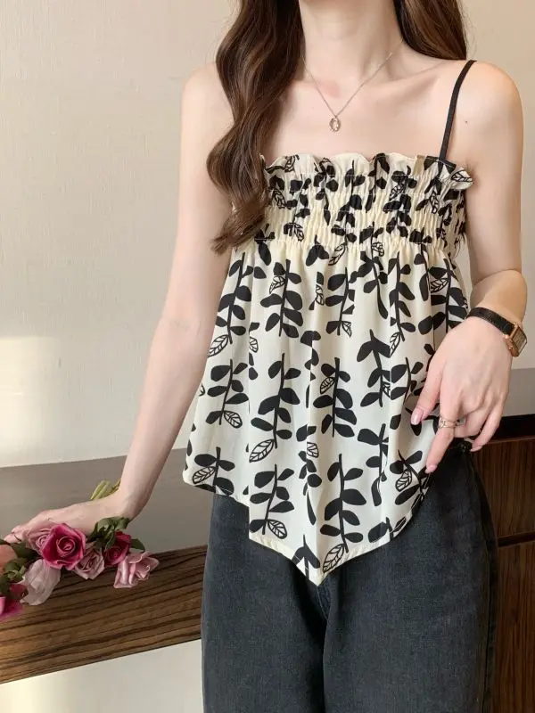 Floral Print Layered Women's Crop Top Outerwear Vest Unique Design Inner Match Bralette Breathable Lightweight Cotton Blend
