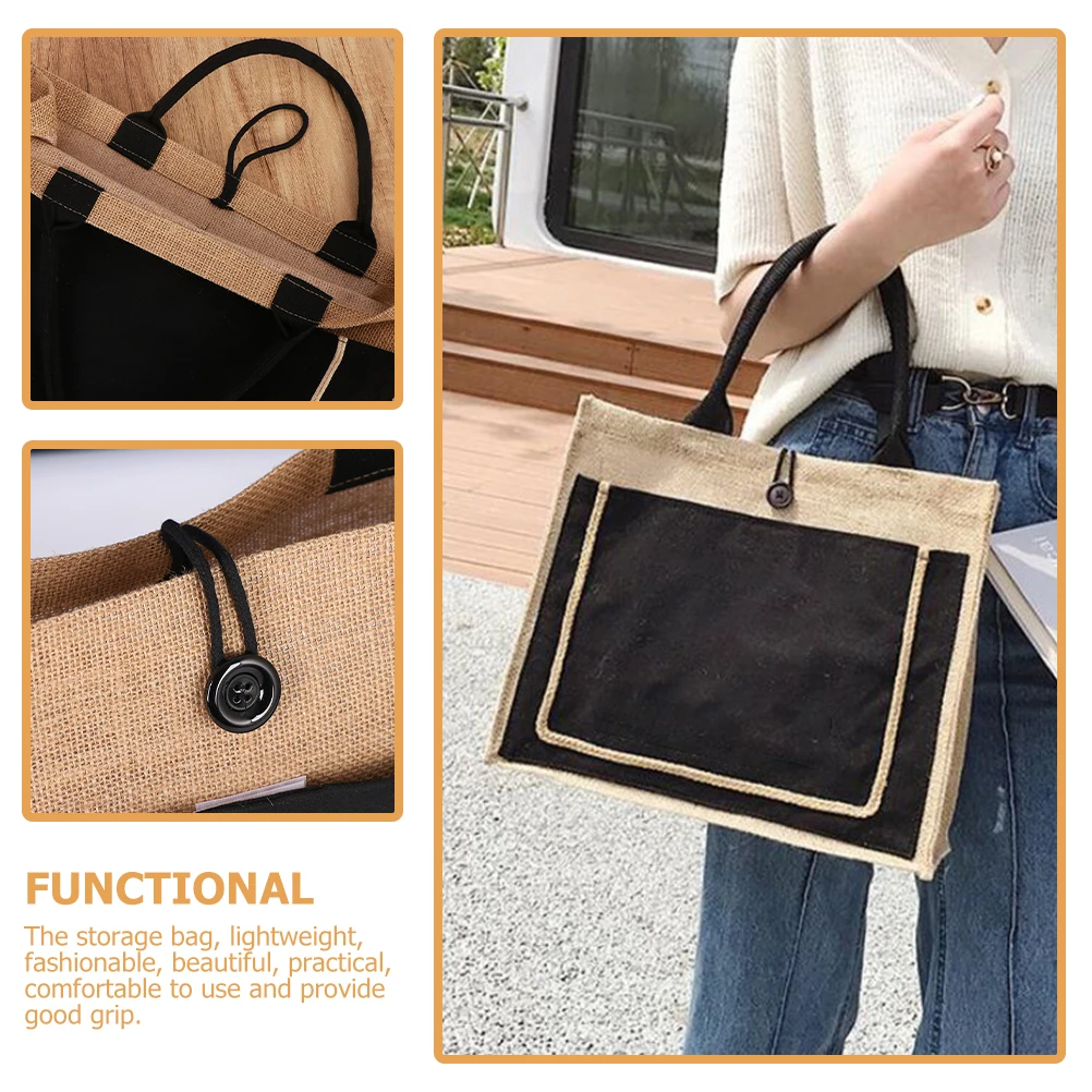 

Retro Linen Shopping Large Capacity Black Small Size Beach Travel Tote Reusable Storage Bag Household Storage Utility Bag