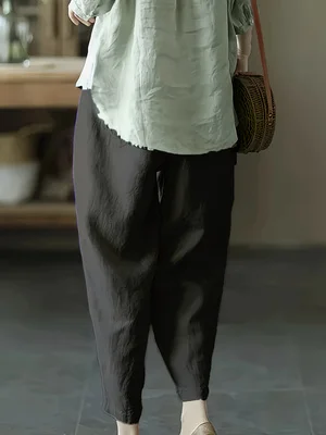 Women Linen Cropped Harem Pants Elastic High Waist Loose Fit Casual Baggy Capri Trousers With Pockets For Summer