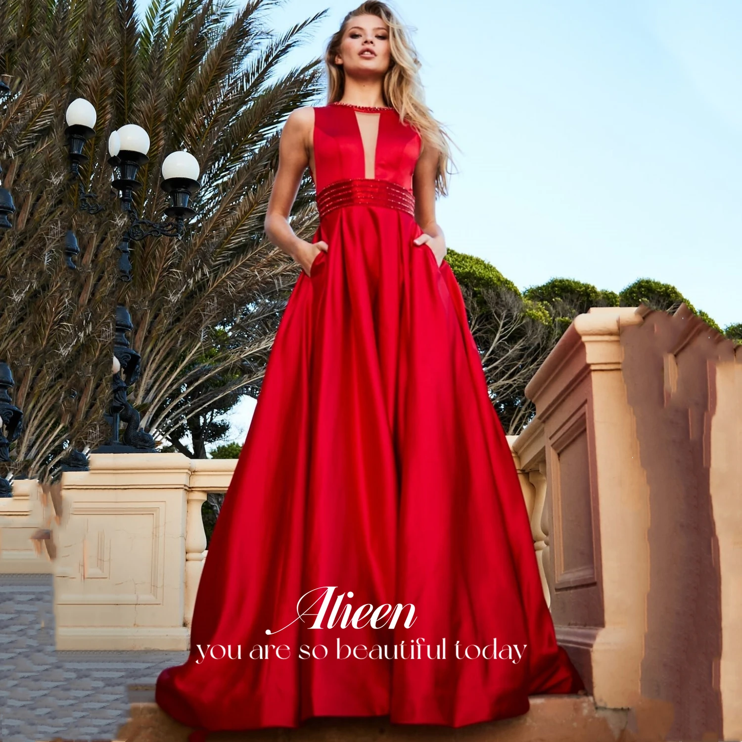 

Aileen Satin Long Dresses for Wedding Party Dresses Woman Sleeveless Elegant Evening Dress for Women 2023 Line A Red Ball Gown