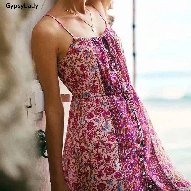 GypsyLady-vestido bohemio Vintage elegante para mujer, vestidos playeros con tirantes y botones delanteros sin mangas, vestido largo verde con lazo