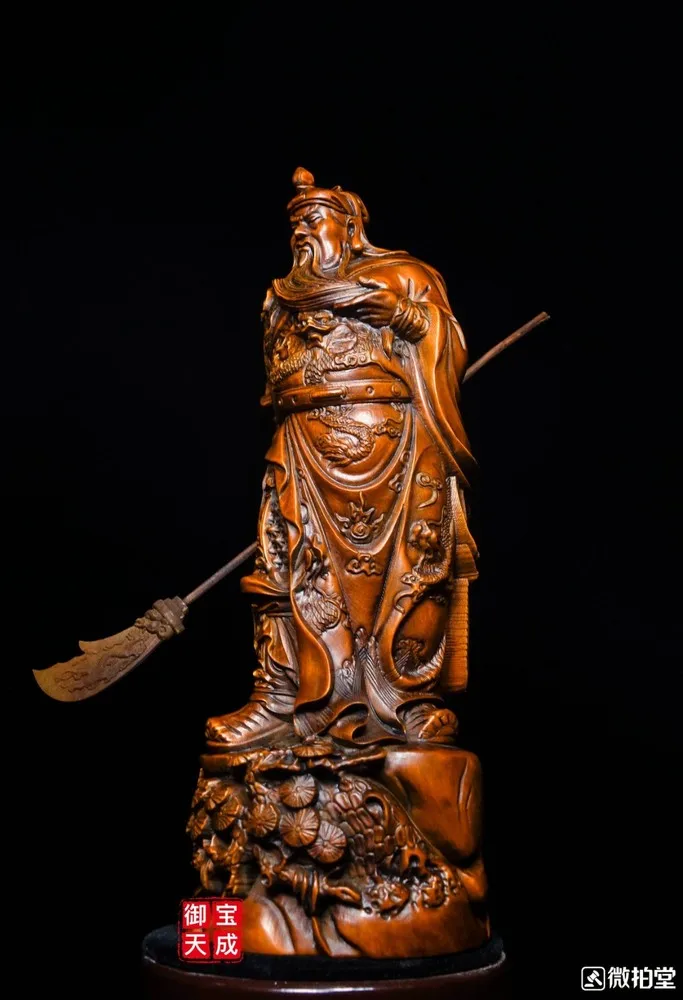 Chinese Boxwood Wood Carved Dragon Warrior Wealth Mammon Guan Gong Yu God Statue view 2