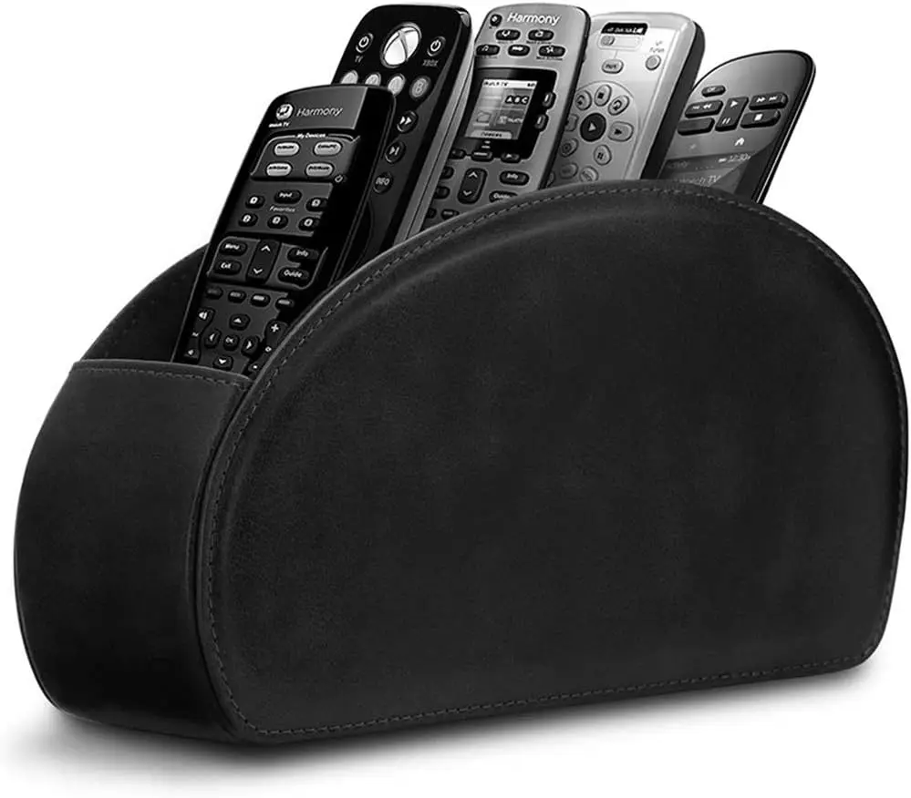 

Leather Remote Control Holder with 5 Compartments, Organizer for TV Remotes, Glasses, Pens - Black