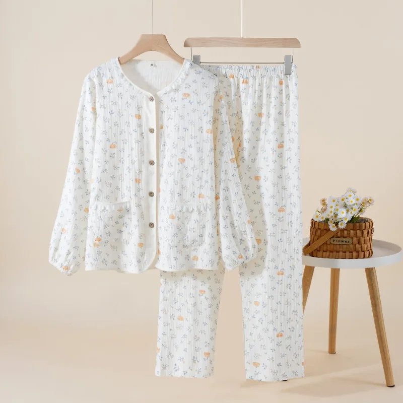 

2025 Pastoral Pure Cotton Double-layer Gauze Pajamas Women's Spring Lace Round Neck Long Sleeve Trousers Thin Loungewear Set