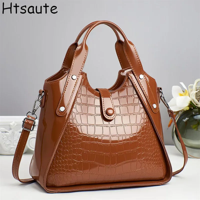 

Bright PU Leather Shoulder Bucket Bag For Women Solid Pattern Large Basket Totes Soft Handbag Mommy Bride Wedding Bags with Lock