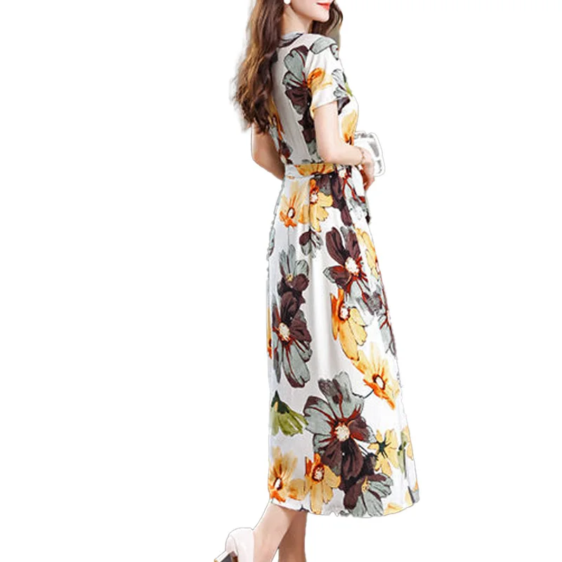 2023 New Summer Fashionable Temperament Commuting Elegant and Graceful Round Neck Printed Waist and Belly Covering Dress