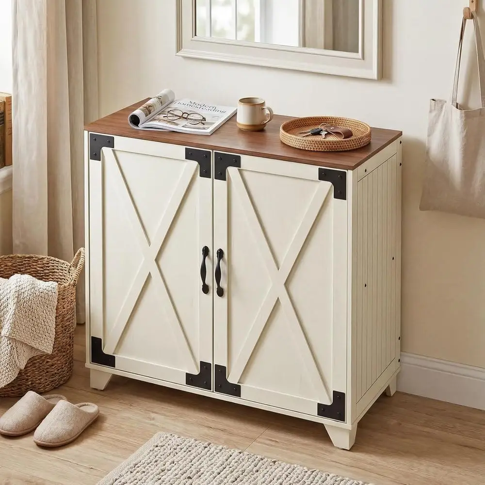 

30 Coffee Bar Station, Kitchen Sideboard Buffet Cabinet, Barn Door Accent Kitchen Storage, Dining Room, Entryway, Distressed Whi