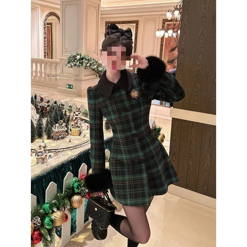 Retro Style Small Fragrant Style Green Plaid Woolen Dress Women's Autumn and Winter Paired with Coat and Inner Skirt