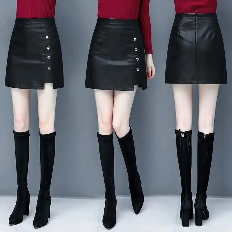 2024 women's new high waist, autumn skirt with a word, thin PU leather skirt