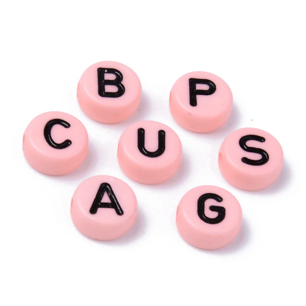 100pc Opaque Acrylic Beads Horizontal Hole Flat Round with Black Random Letters Pink 10x4.5mm Hole: 2mm