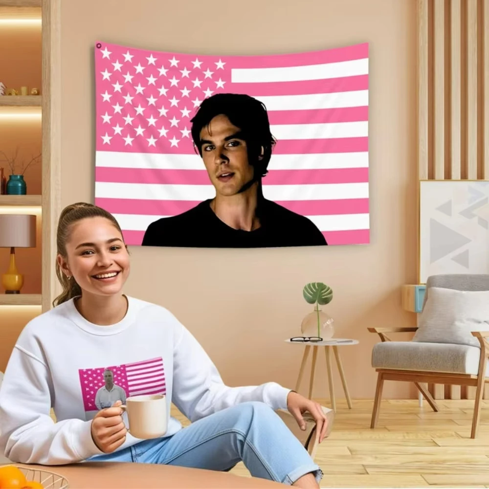 Ian Somerhalders Wandteppich mit amerikanischer Flagge, klassisches TV-Poster, Damon Salvatoreas, Heimdekoration, ästhetischer Schlafzimmer-Hintergrund, Party-Wandteppich