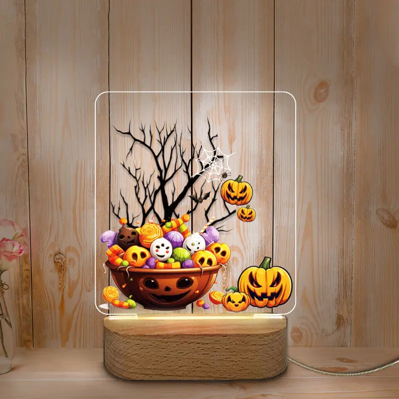 Veilleuse LED USB personnalisée avec base en bois, impression de documents, décoration d'Halloween, veilleuse pour la maison, chambre de bébé et de mère