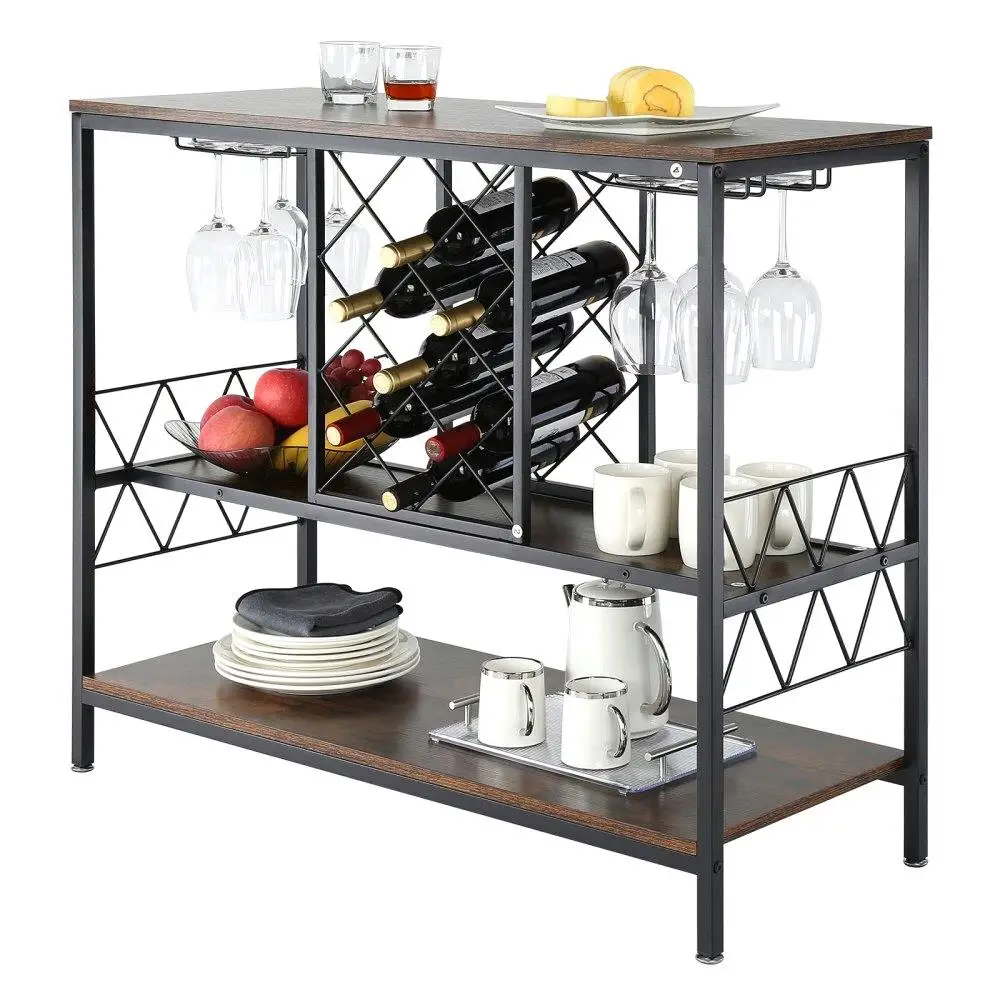

Industrial Bar Cabinet Wine Bar Home Table with Wine Rack & Glass Holder