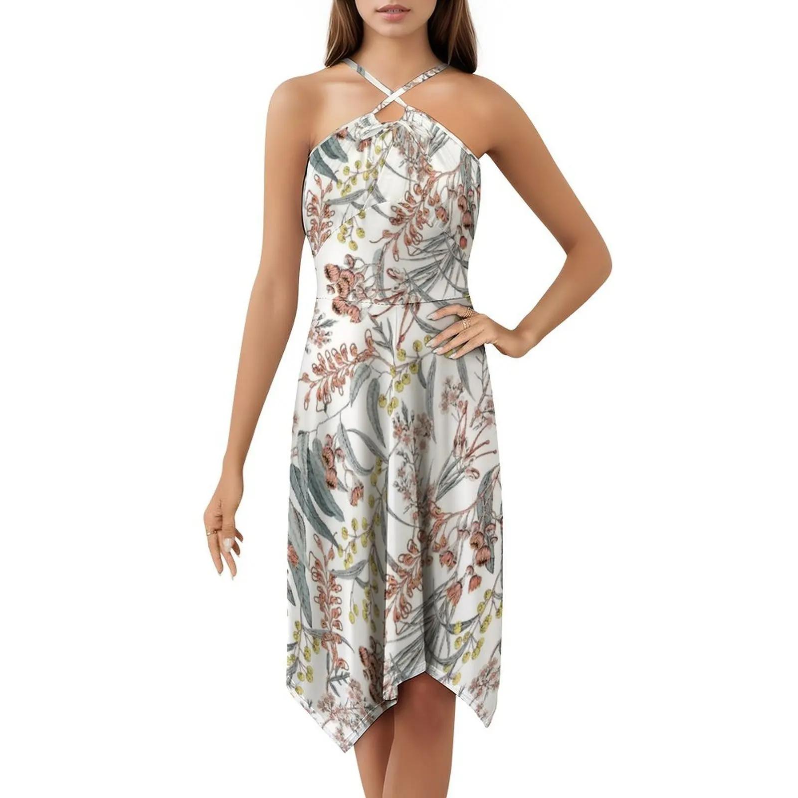 فستان بوهو أنيق على شكل زهور أسترالية أصلية أنيقة لحفلات الزفاف على الشاطئ فستان أستراليا ميموزا الأوكالبتوس جريفيليا #5