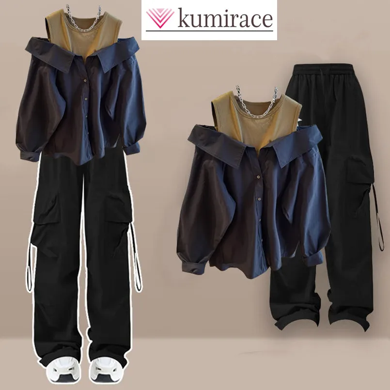 

Spring and Autumn Collection Women's New Korean Edition Skinny Fake Two Piece Top Waist Cinched Work Pants Two Piece Set