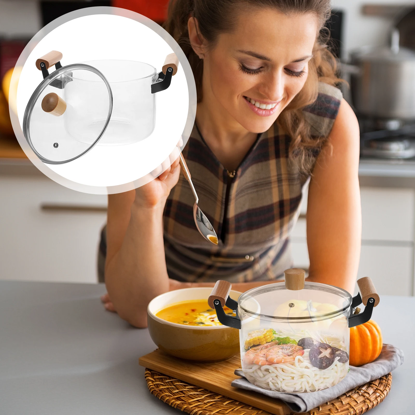 

Clear Large Soup Double Handles Heat Resistant Stovetop Cooking Pot Boiling Pan Home Kitchen Use Glassware Container For Pasta