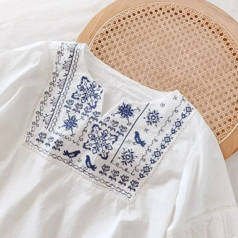 2025 verão novo estilo chinês linho bordado feminino retro literário vintage solto camisa de manga curta topo feminino