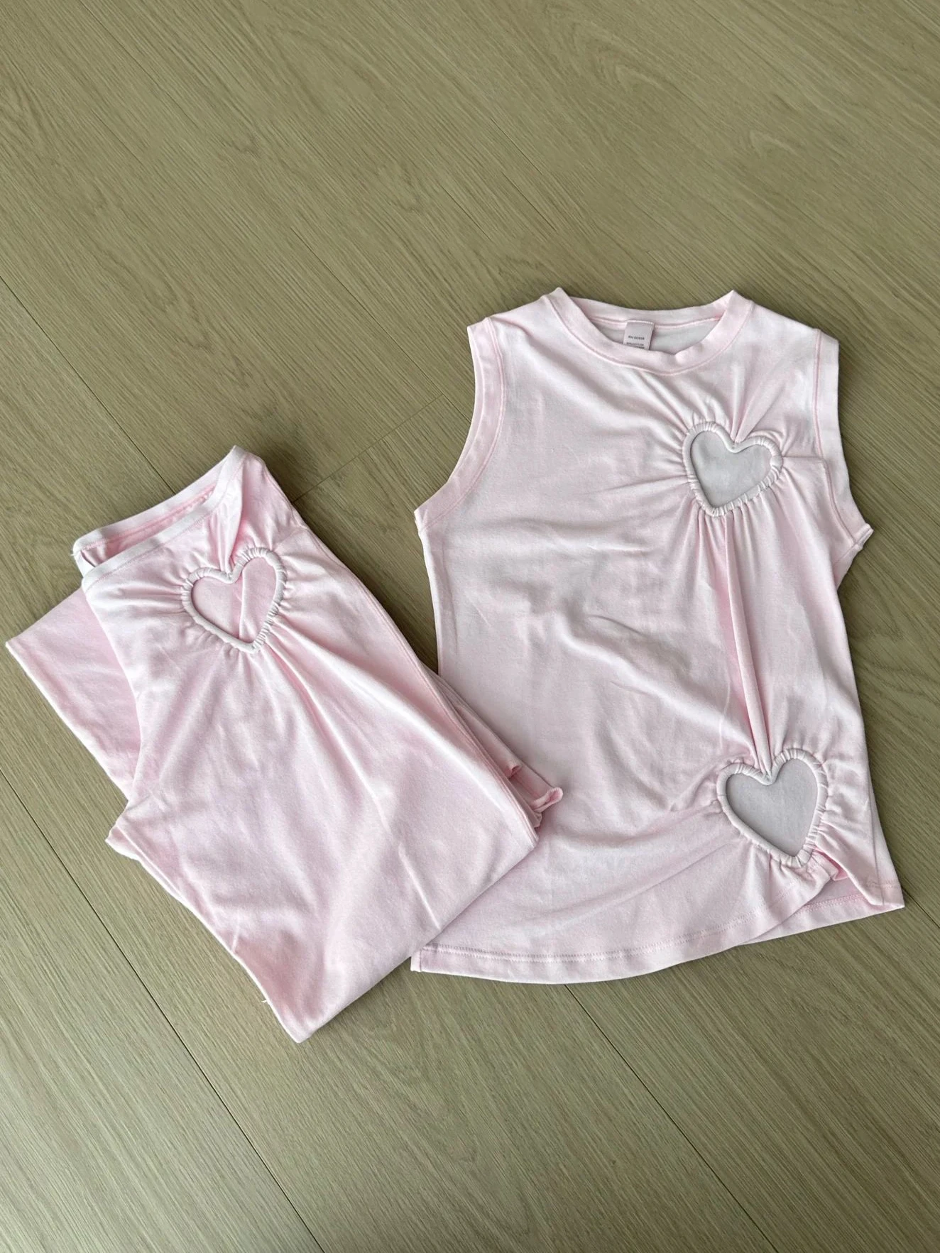 

Heart Hollow Out Tank Pant Set Woman O-neck Sleeveless Camis+Elastic Waist Long Pants Casual Sweet Cute Cotton Slim 2 Piece Sets