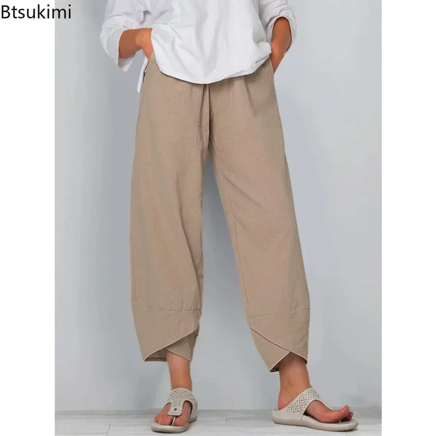 2024 Women\'s Summer Casual Cotton Linen Pants Vintage Loose Harem Pants Floral Printed Elastic Waist Wide Leg Pants Female S-5XL