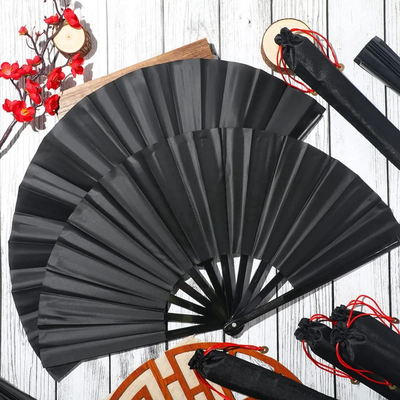 12 Sets Large Folding Fan With Sleeves Silk Hand Fan Chinese Kung Fu Taichi Handheld Fan Folding Dancing Prop