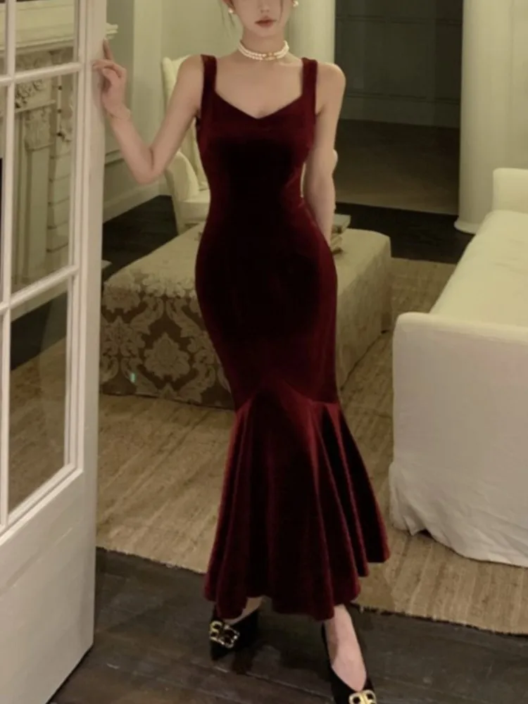 Elegant Women French Style Wine Red Camisole Long Dress Spring Autumn Vintage Solid Slim Ladies Evening Party Mermaid Robe New