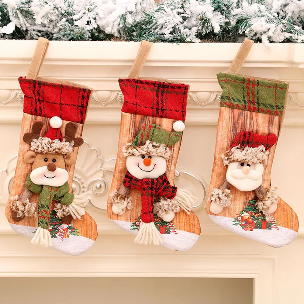 3 Pcs Christmas Stocking Santa Claus Candy Sock Bag Xmas Tree Hanging Decor Gift